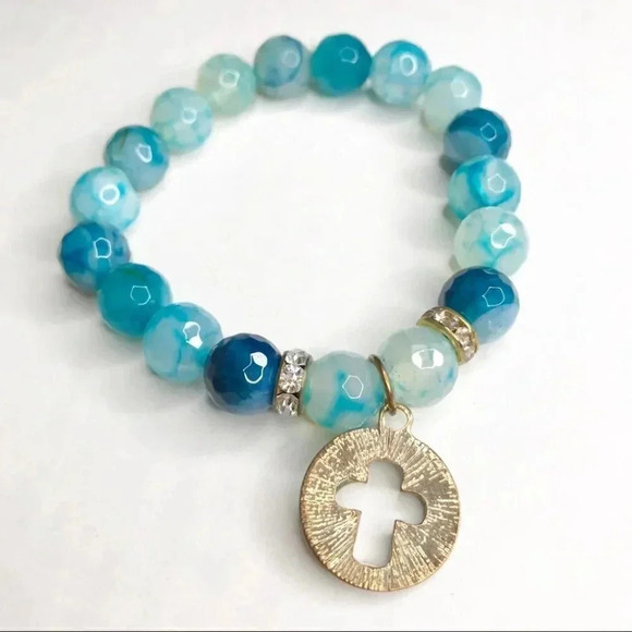 Turquoise Blue Beaded Cross Bracelet - Picture 4 of 6